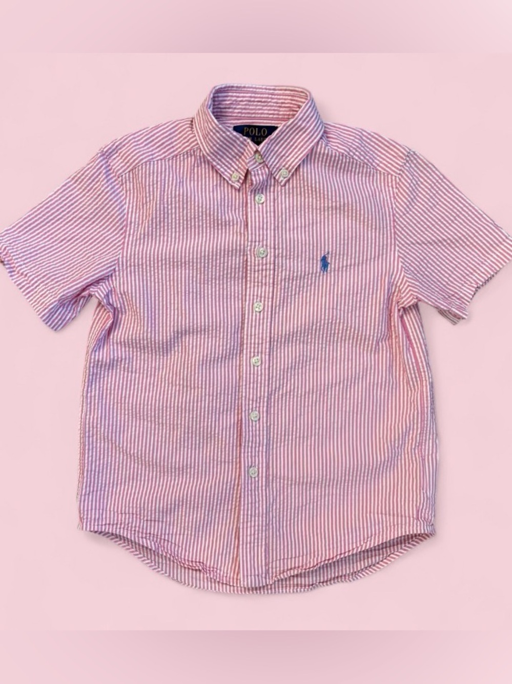 Polo Ralph Lauren Boys Pink White Seersucker Button Down Shirt Size 8 S